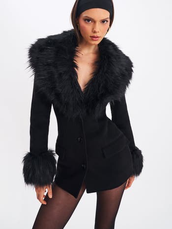 Hailee Single Breasted Wool Blend Mini Coat with Removable Fur Lapel