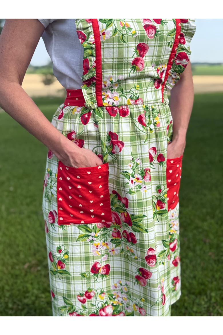 Strawberry Gingham Ruffle Apron, Alternate, color, Green
