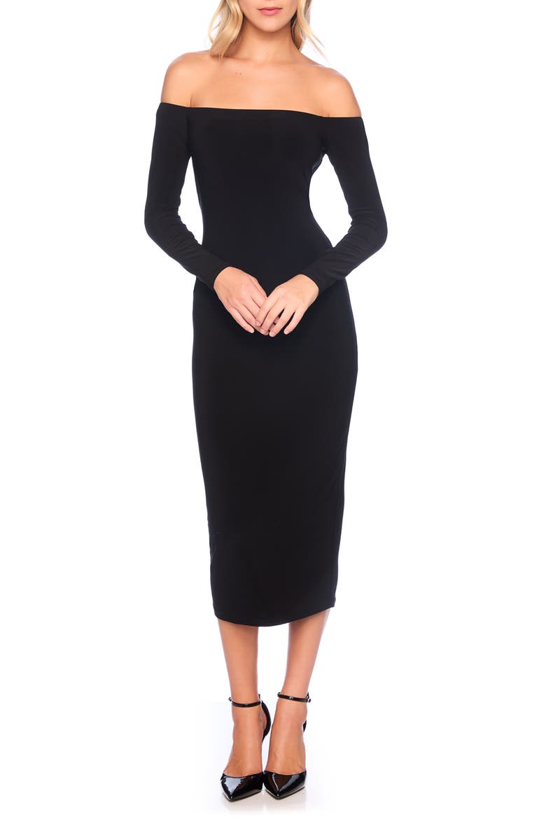 Off the Shoulder Long Sleeve Matte Jersey Maxi Dress, Main, color, BLACK