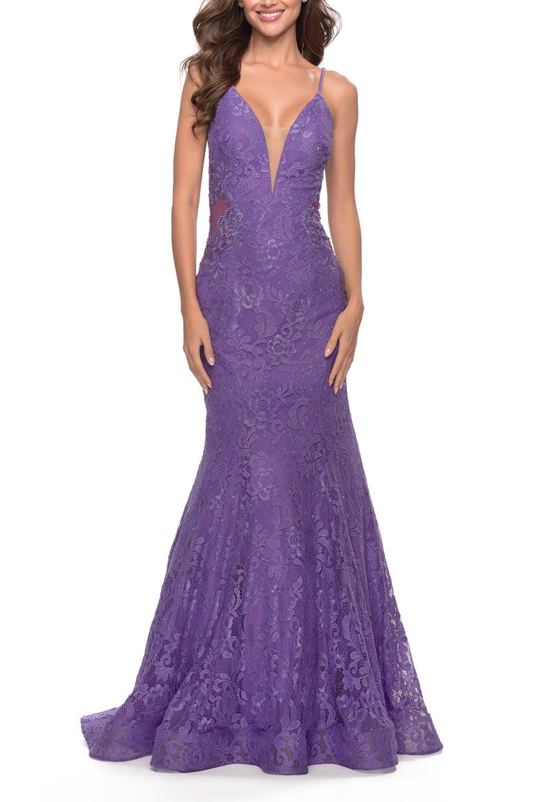 Long Mermaid Lace Dress with Back Rhinestone Detail, Main, color, Purple