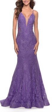 La Femme Long Mermaid Lace Dress with Back Rhinestone Detail