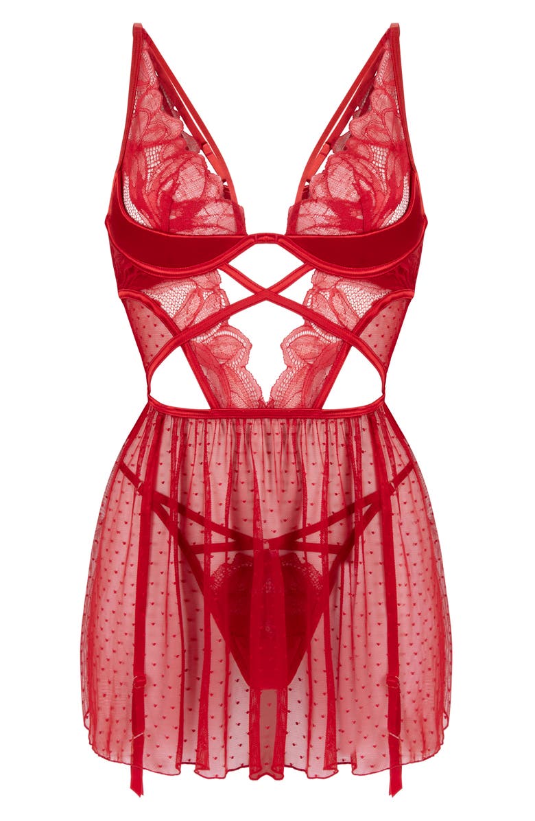Hunkemöller Billie Dot Mesh & Lace Chemise & G-String Set, Main, color, 