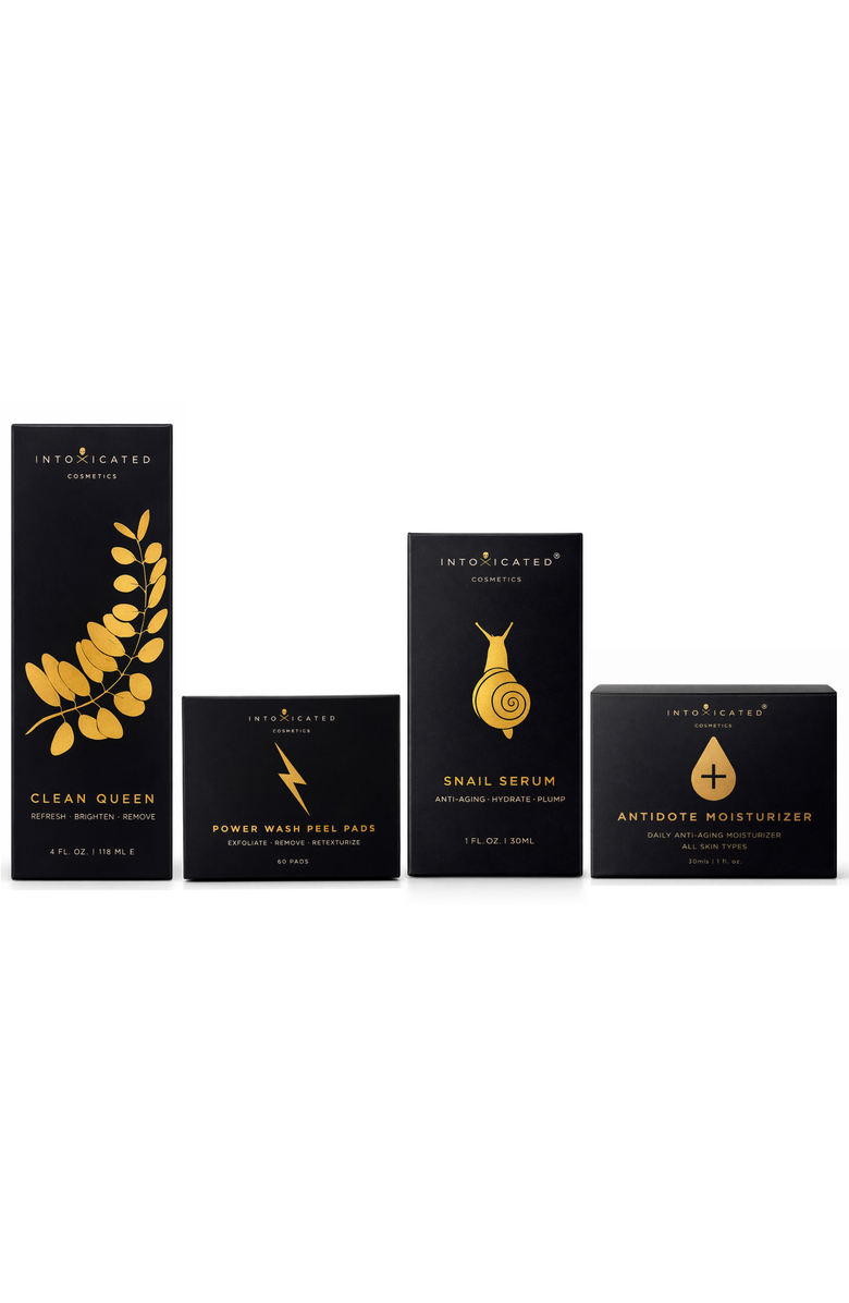 Intoxicated Cosmetics Complete Snail Set (Snail Serum, Antidote Moisturizer, Clean Queen, Power Wash Peel Pads) | Anti-Aging Skincare Serum with Vegan Snail Peptides, Fine Line Smoothing Daily Moisturizer, & Glycolic Exfoliation Bundle, Alternate, color, NO COLOR