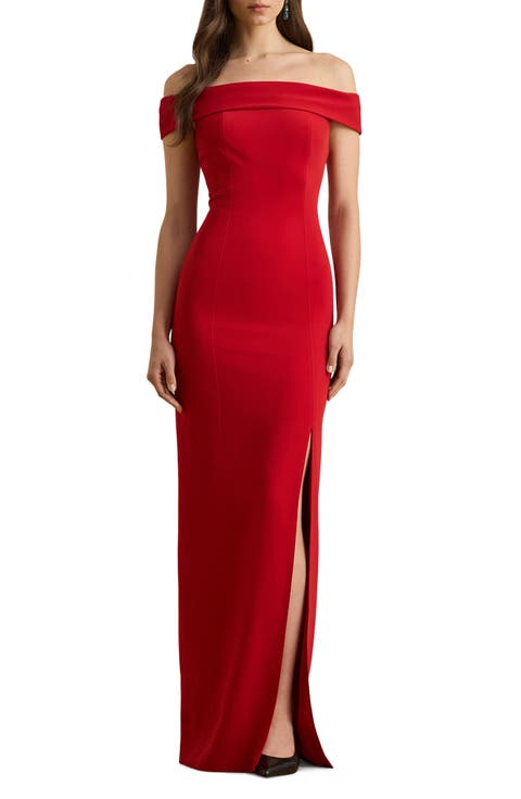 Crepe Off the Shoulder Column Gown