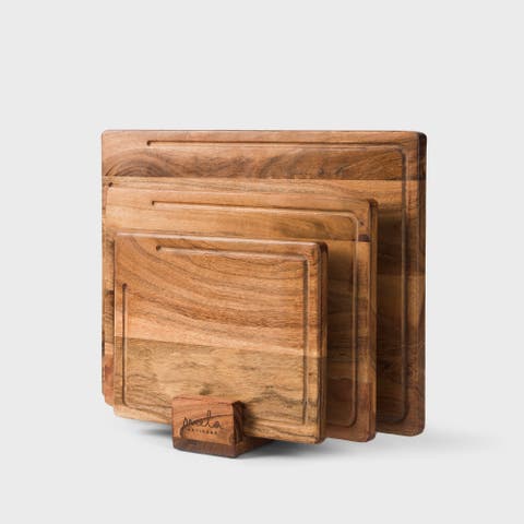 Acacia Wood Cutting Board Set with Stand - 3 Piece