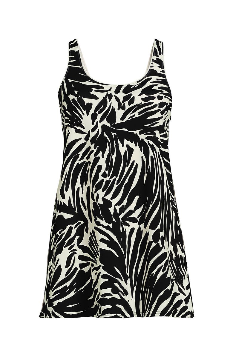 Lands' End Scoop Neck Mini Swim Dress One Piece Swimsuit, Alternate, color, Black/Egret White Leaf Scroll