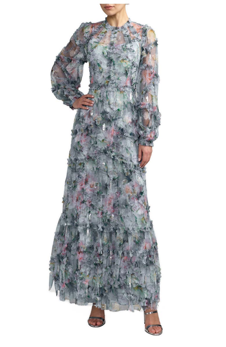 Mac Duggal Floral Long Sleeve High Neck Ruffle Detail Gown, Main, color, Platinum Multi