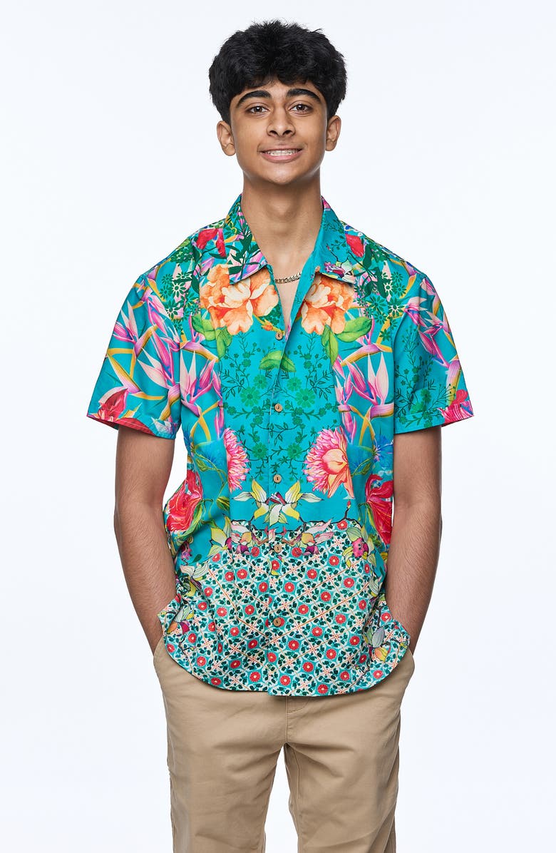 RANEES Printed Camp Shirt, Alternate, color, Aqua