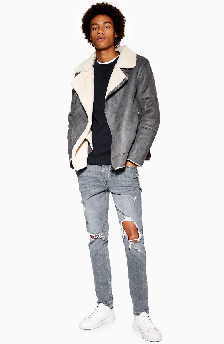 Topman Faux Shearling Biker Jacket, Alternate, color,