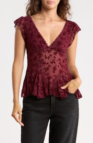 Madden Girl Flutter Sleeve V-Neck Burnout Top