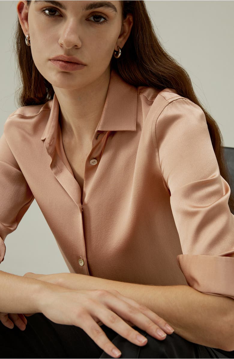 Lilysilk Minimalist Placket Silk Blouse with Shell Buttons, Alternate, color, Quartz Rose