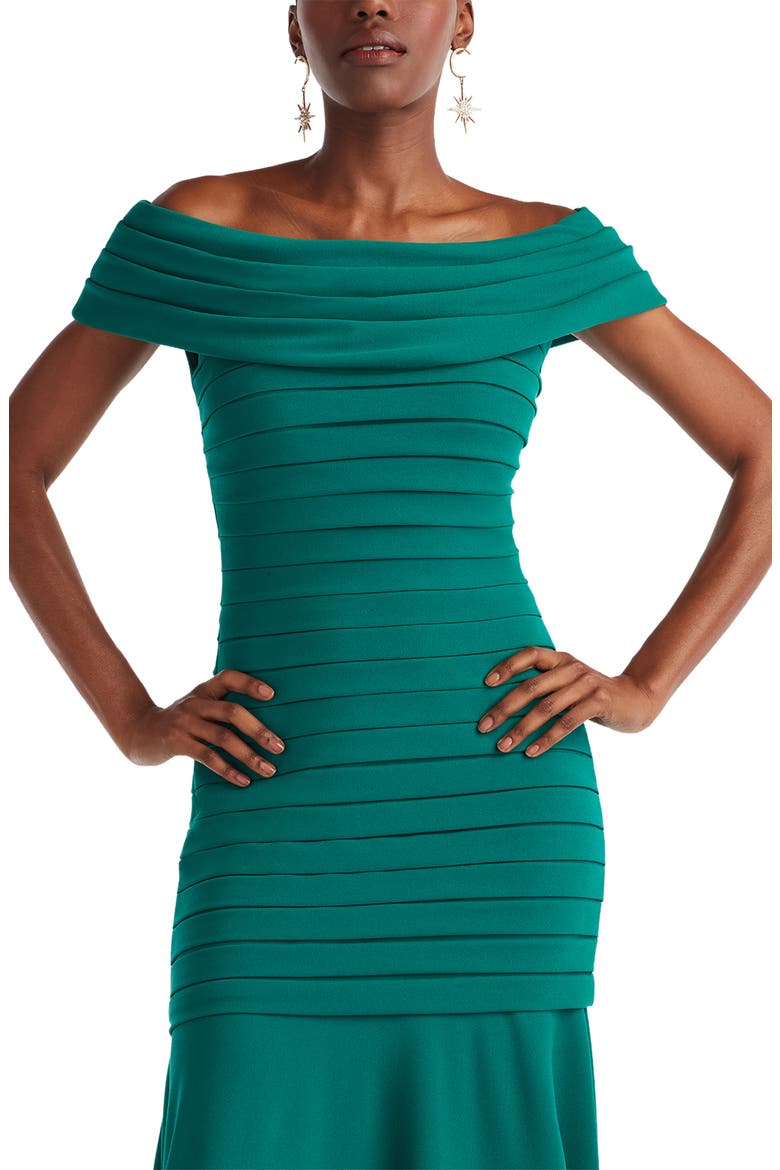 Pleated Off the Shoulder Mermaid Gown, Alternate, color, EMERALD