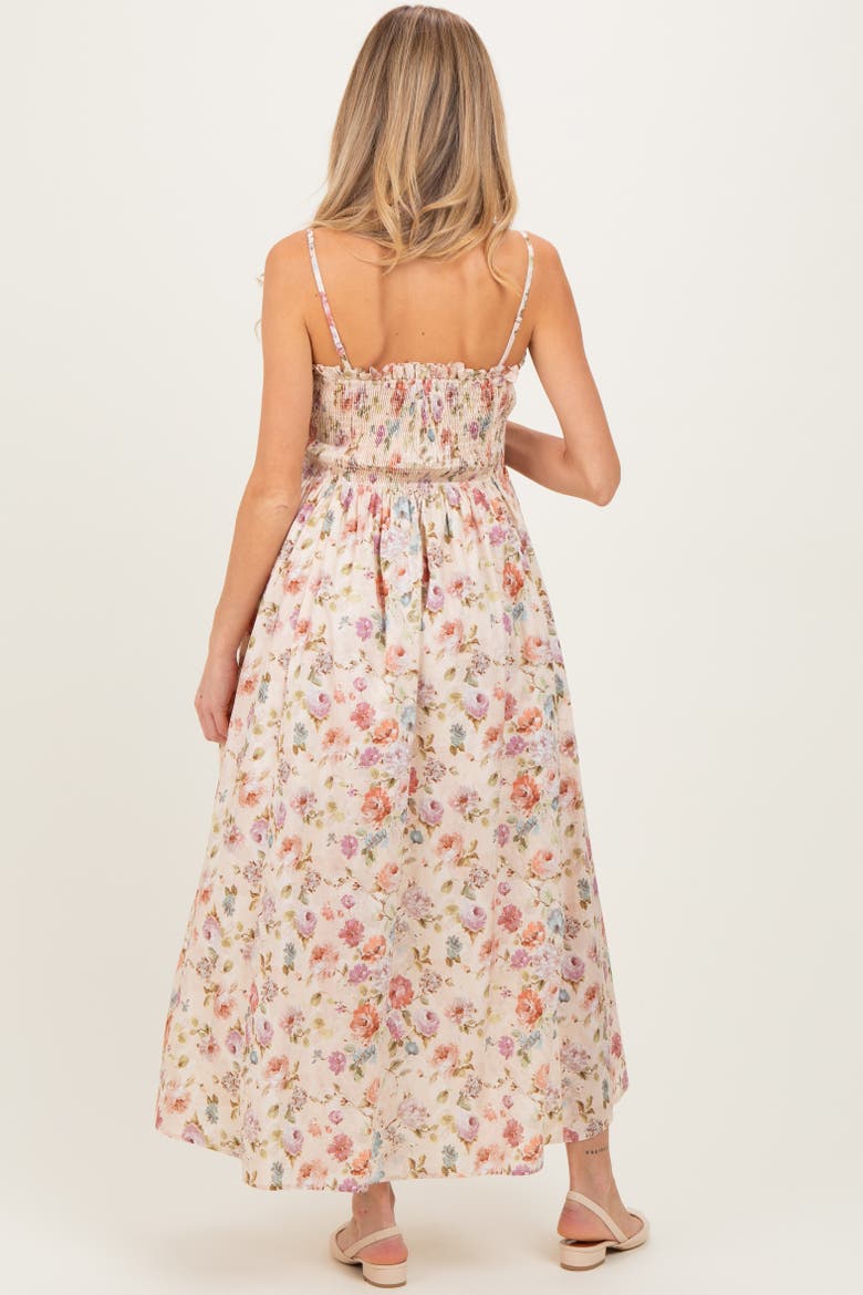 Floral Smocked Ruffle Detail Midi Dress, Alternate, color, Cream