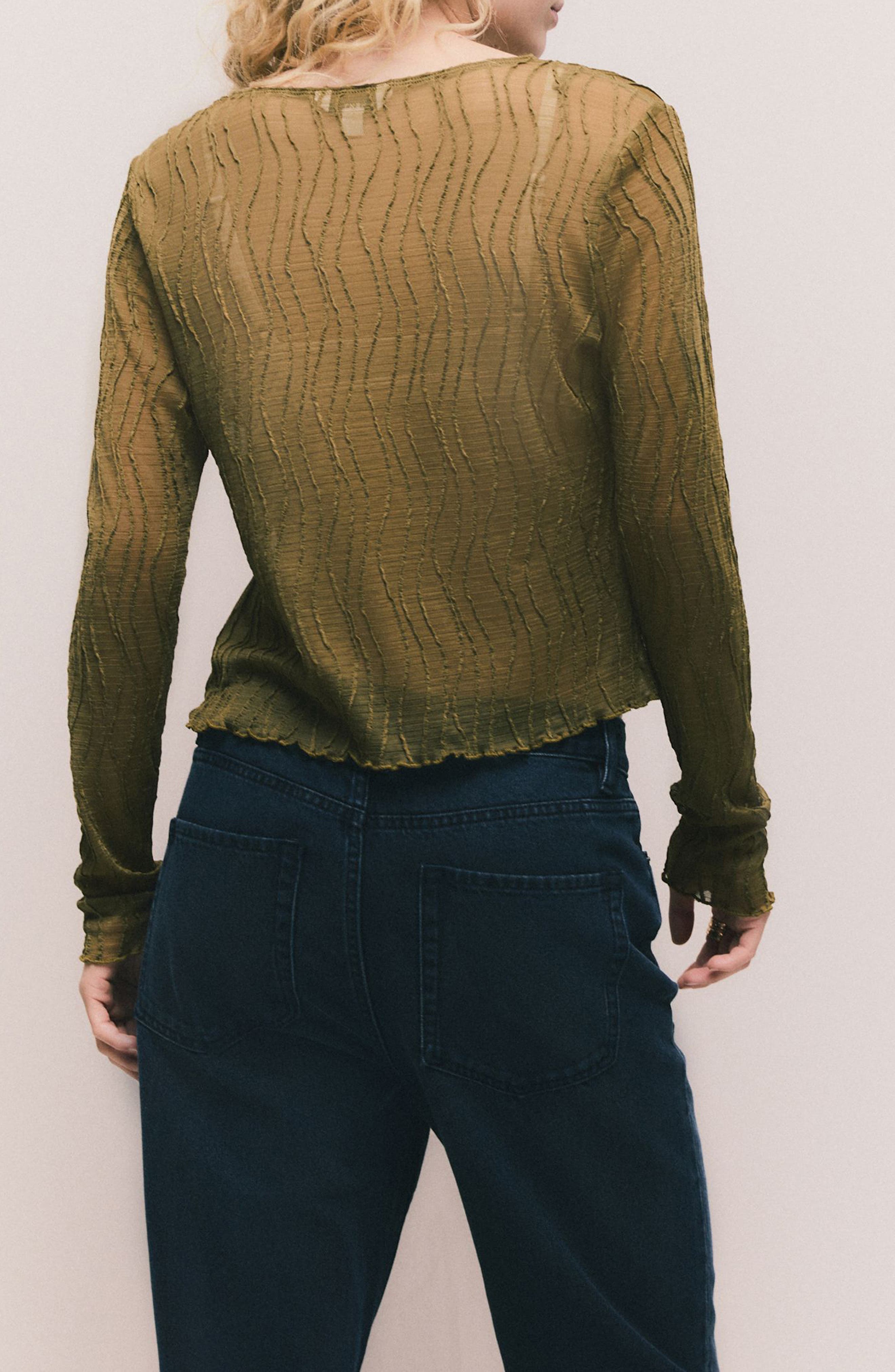 Wavy Pintuck Pleat Mesh Button-Up Top - image 2