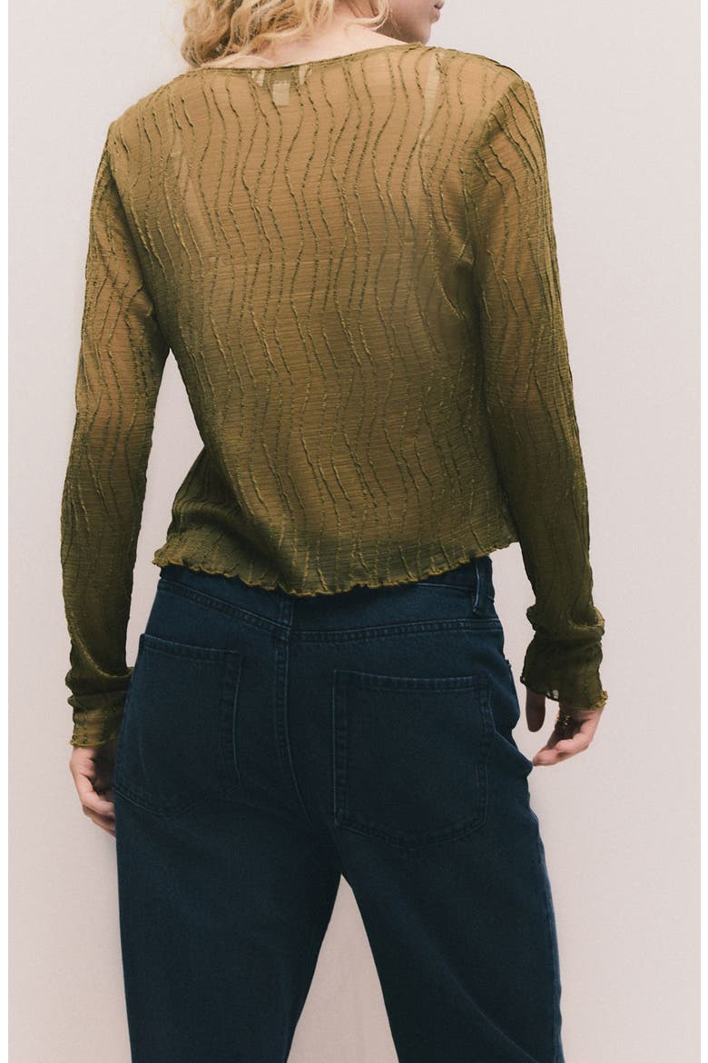 Wavy Pintuck Pleat Mesh Button-Up Top, Alternate, color, GREEN