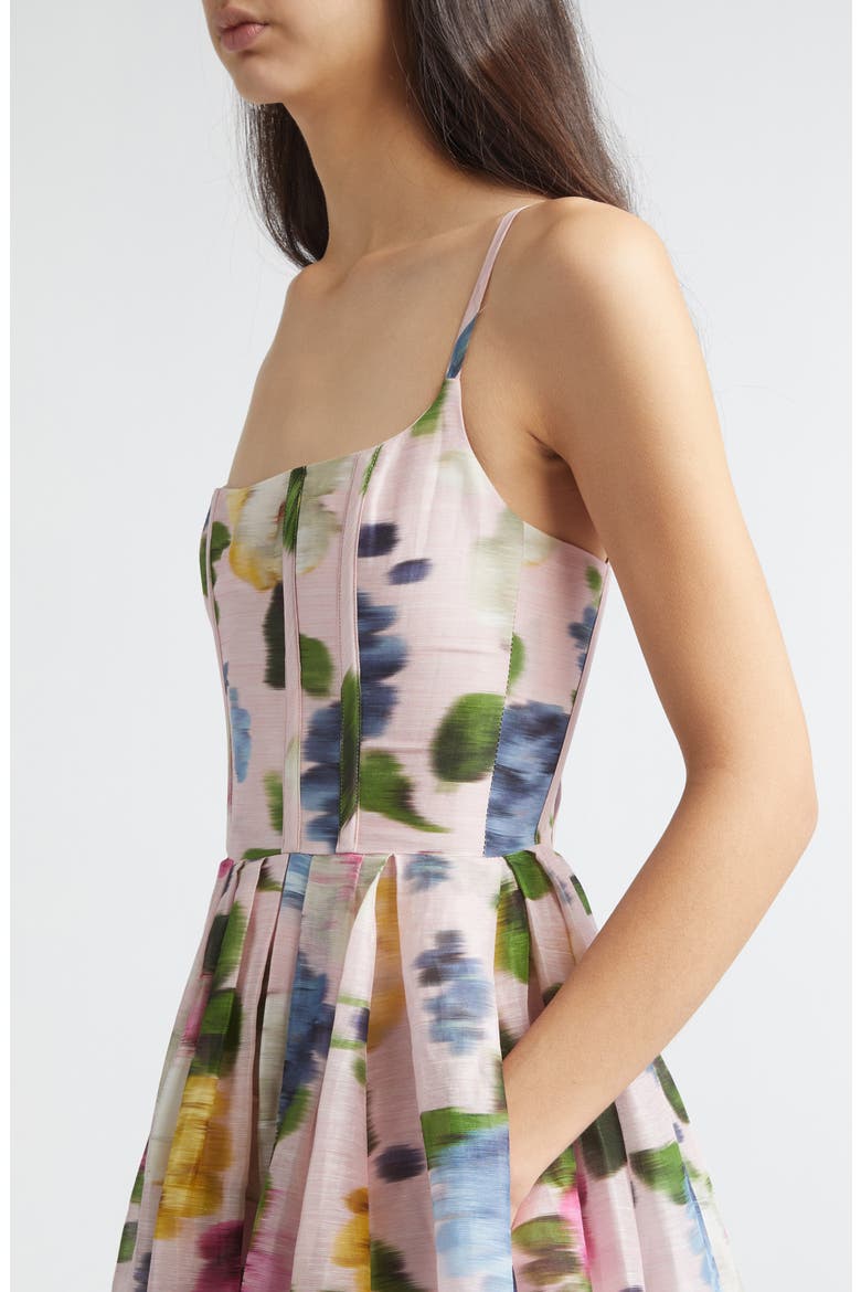 Chiné Floral Print Linen & Silk Corset Midi Dress, Alternate, color, ROSEWATER MULTI
