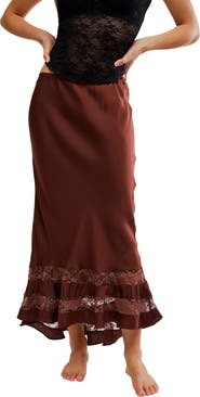 Free People Long Lost Lover Lace Detail Satin Slip Skirt