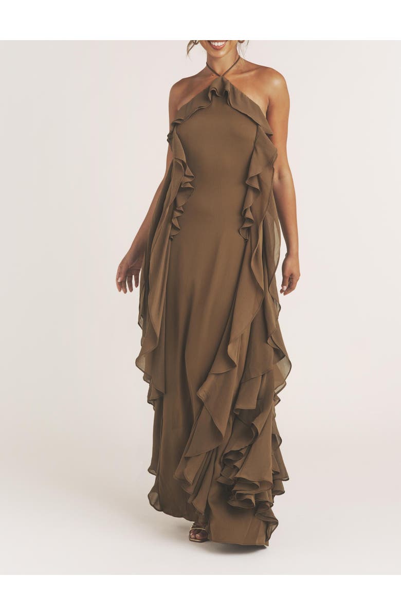 Six Stories Whitney Ruffle Halter Neck Maxi Dress, Alternate, color, Olive