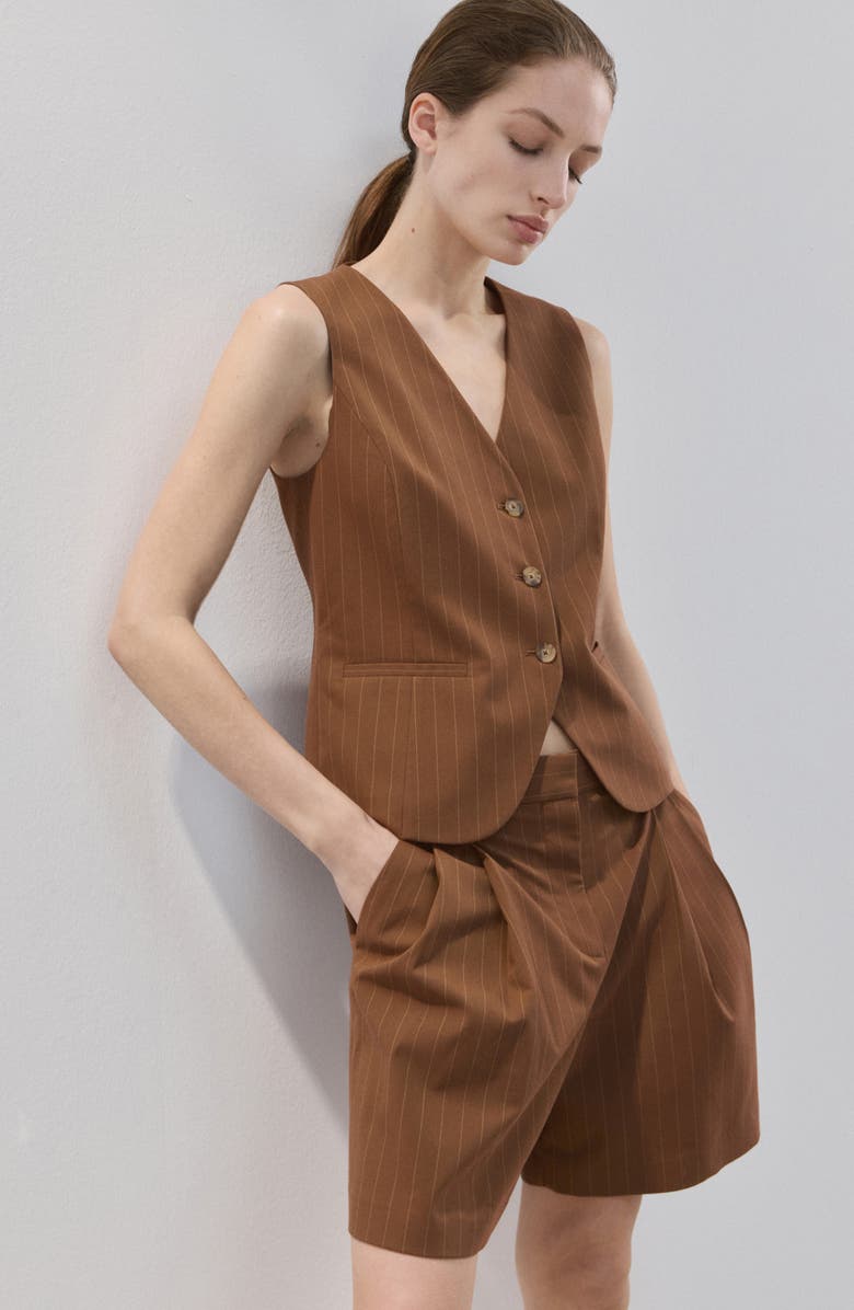 MANGO Pleated Pinstripe Straight Fit Bermuda Shorts, Alternate, color, Caramel