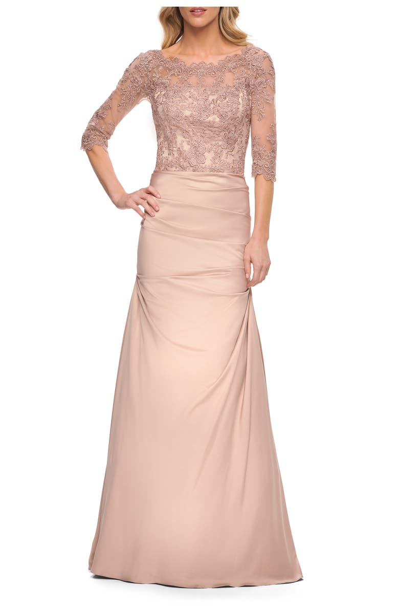 La Femme Satin and Lace Off the Shoulder Mermaid Gown, Main, color, Champagne
