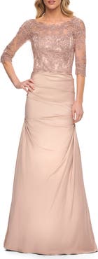 La Femme Satin and Lace Off the Shoulder Mermaid Gown