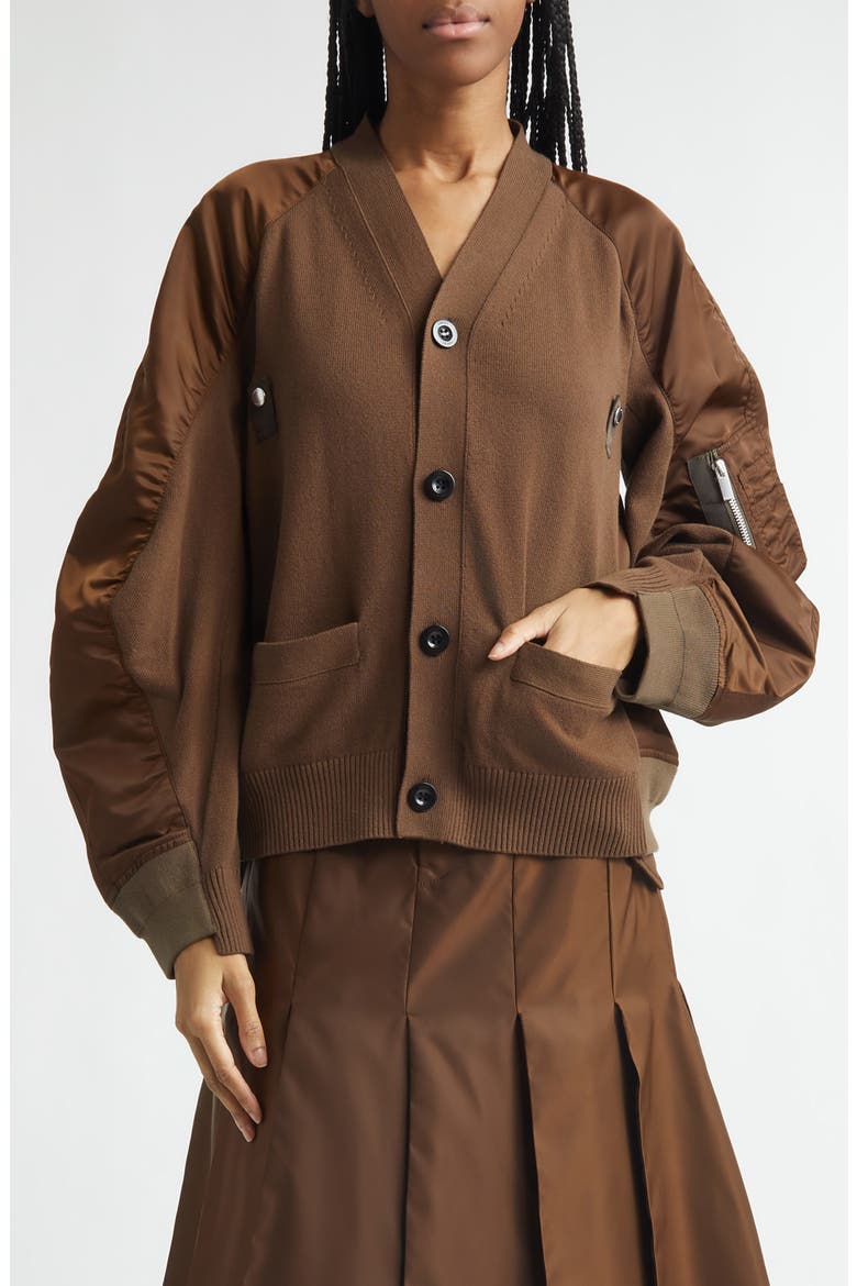Mixed Media Knit & Nylon Twill Cardigan, Main, color, BROWN