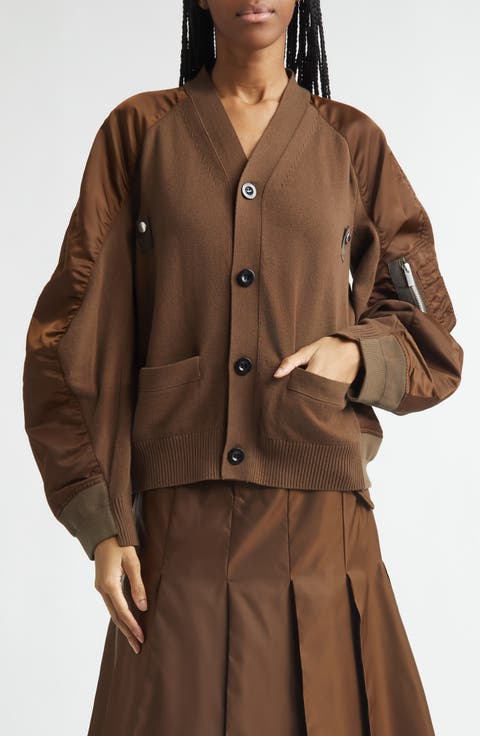 Mixed Media Knit & Nylon Twill Cardigan