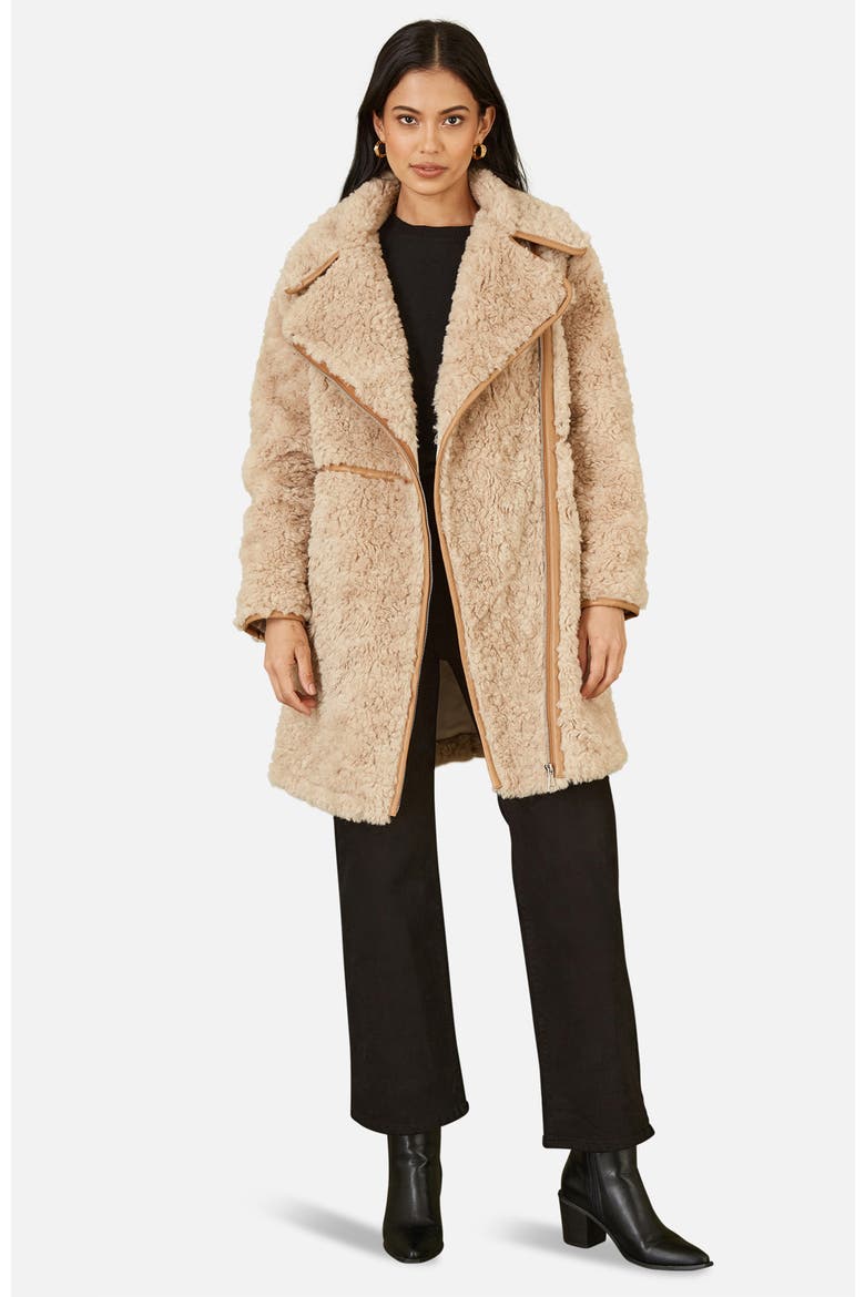 Textured Borg Long Line Biker Coat, Alternate, color, Brown