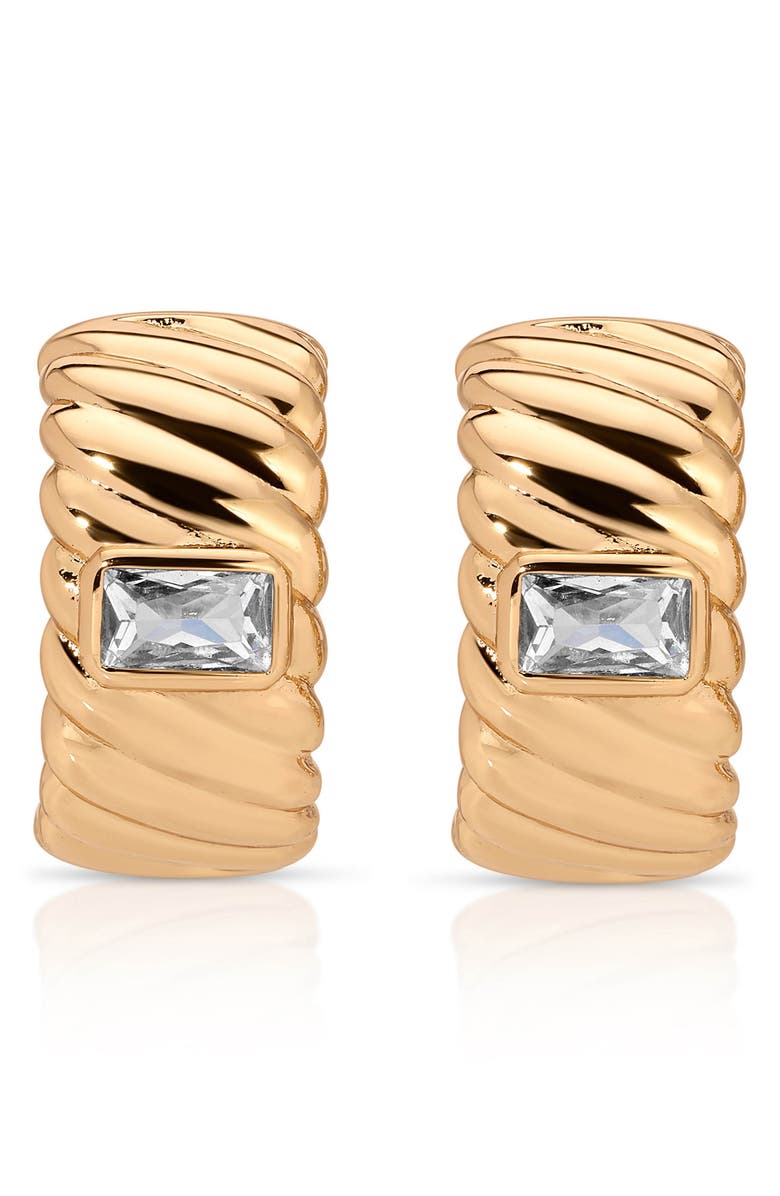 Ettika Baguette Crystal Hoop Earrings, Alternate, color, Gold