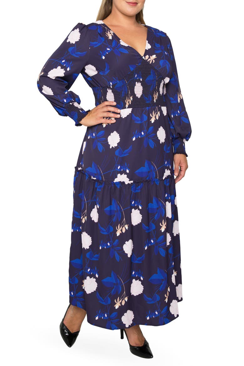Floral Smock Waist Long Sleeve Georgette Maxi Dress, Main, color, BLOOMS