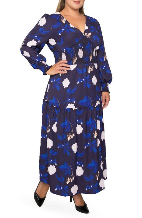 Floral Smock Waist Long Sleeve Georgette Maxi Dress (Plus Size)