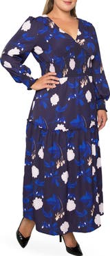 Standards & Practices Floral Smock Waist Long Sleeve Georgette Maxi Dress