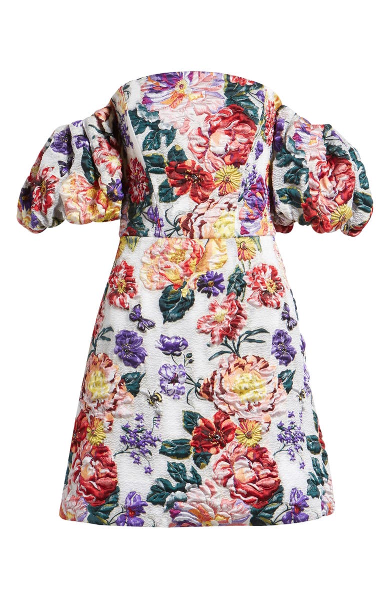 Marchesa Notte Floral Puff Sleeve Fil Coupé Cocktail Dress, Alternate, color, Ivory Floral