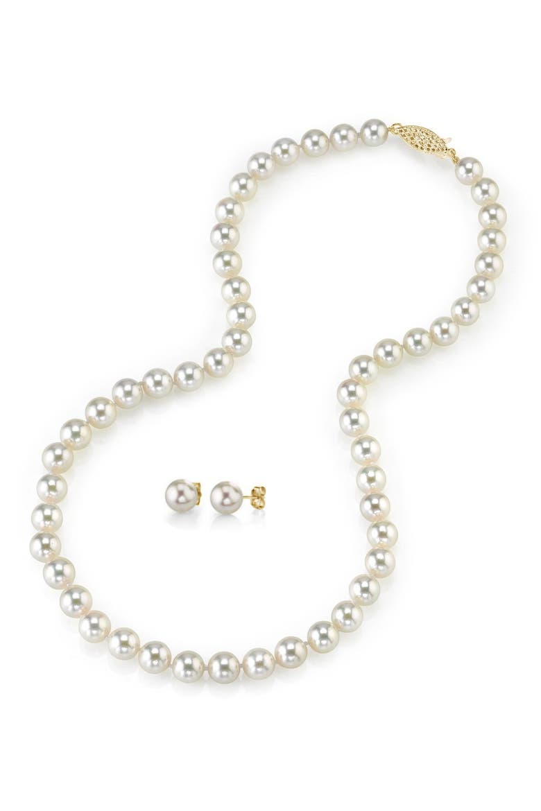 8.5-9.0mm Japanese White Akoya Pearl Necklace & Earrings, Main, color, Yellow Gold