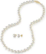 The Pearl Source 8.5-9.0mm Japanese White Akoya Pearl Necklace & Earrings