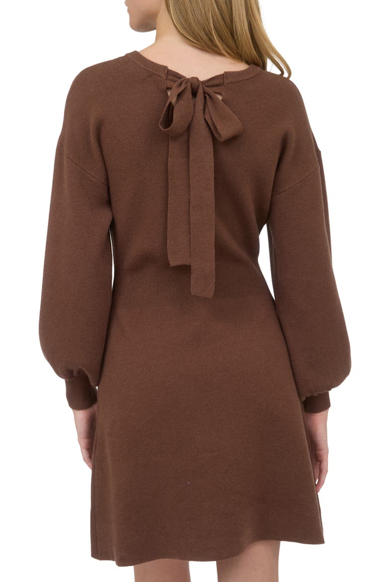 Tie Back Long Sleeve Minidress, Alternate, color, BROWN