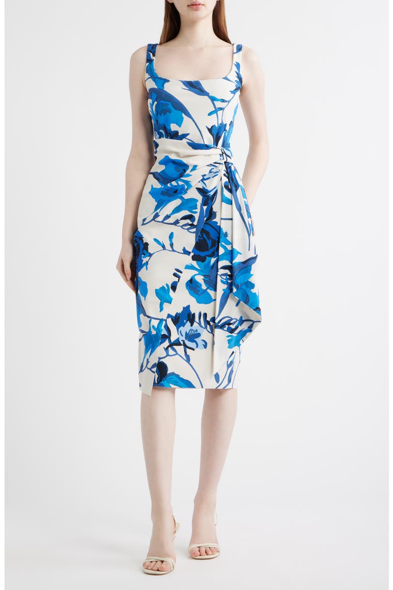 Floral Ruffle Detail Cocktail Sheath Dress, Main, color, CAROLE BLUE
