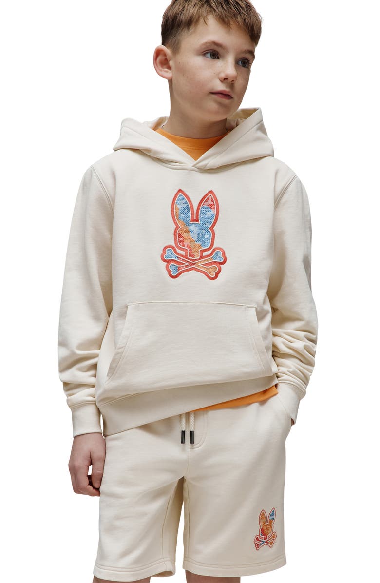 Psycho Bunny Kids' Olivier Pixel Bunny Embroidered Fleece Hoodie, Alternate, color, Pristine
