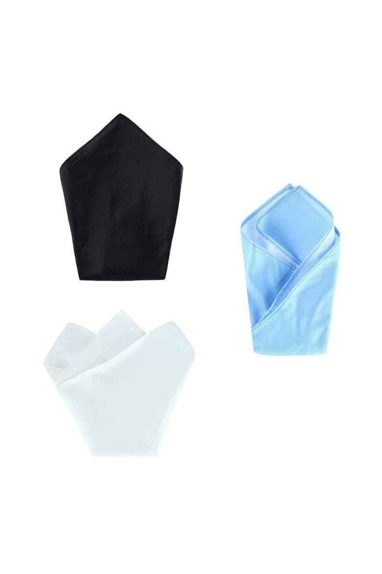The Gatsby 12 inch Solid Silk Pocket Square Trio, Main, color, Black, Light Blue, White