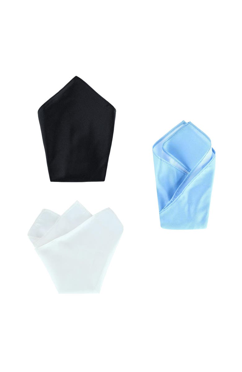 Trafalgar The Gatsby 12 inch Solid Silk Pocket Square Trio, Main, color, Black, Light Blue, White