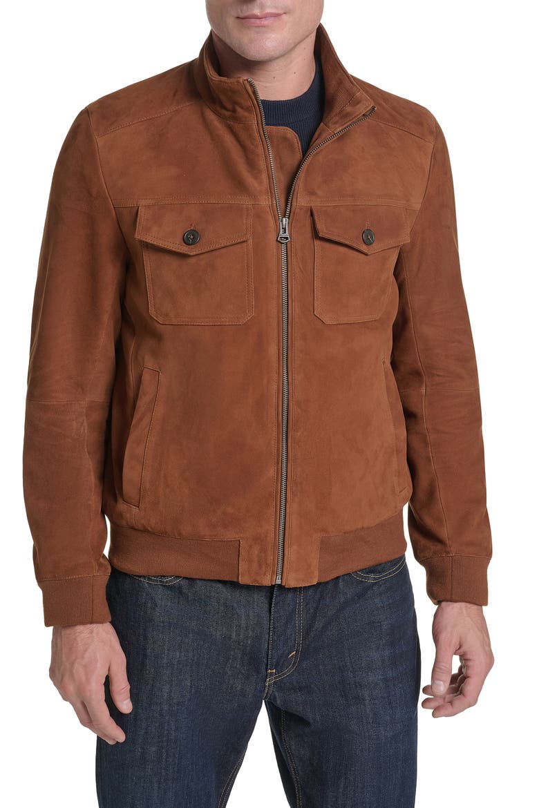Suede Bomber Leather Jacket, Main, color, CARAMEL