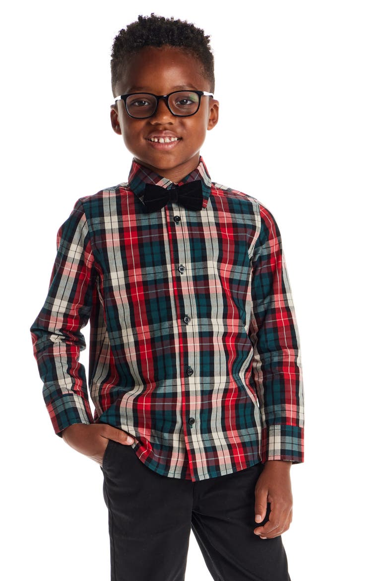 Kids' Two-Piece Plaid Cotton Flannel Button-Up Shirt & Bow Tie Set, Alternate, color, RED PLAID