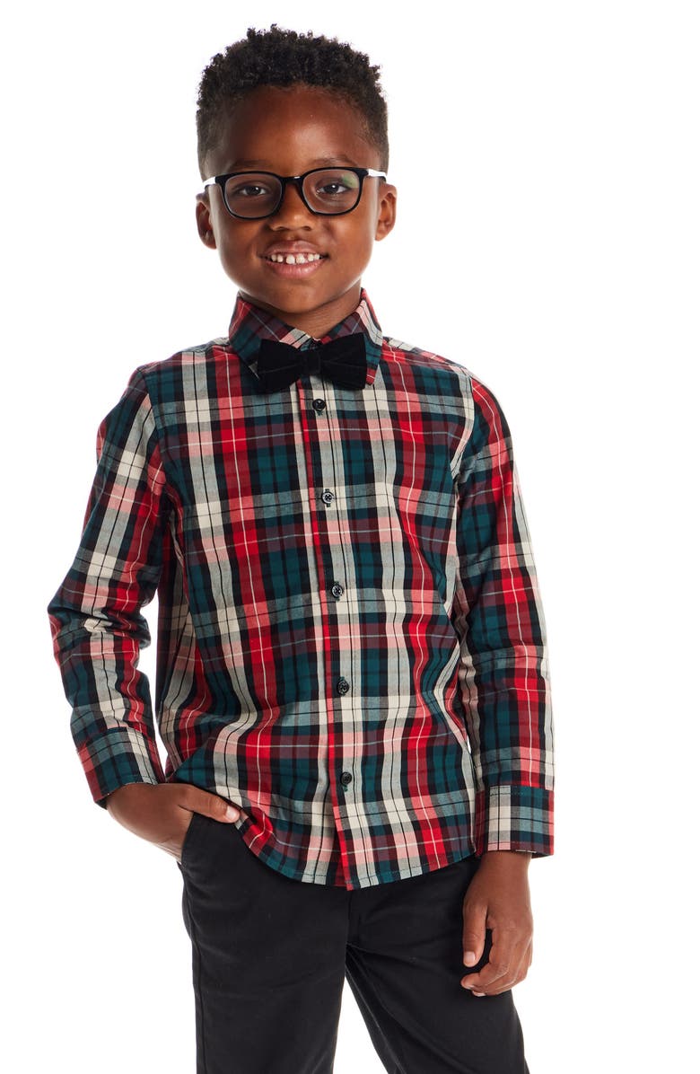 Andy & Evan Kids' Two-Piece Plaid Cotton Flannel Button-Up Shirt & Bow Tie Set, Alternate, color, Red Plaid