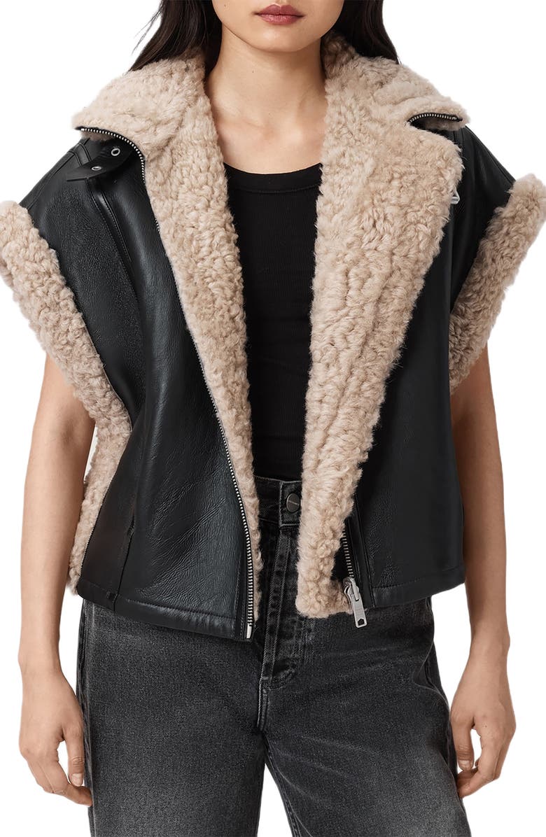 AllSaints Marlin Genuine Shearling Vest, Main, color, Black/ Natural