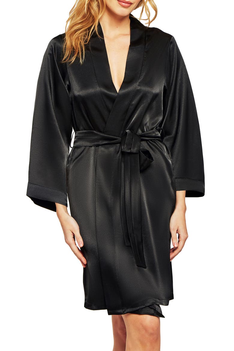 Long Sleeve Satin Robe, Main, color, BLACK