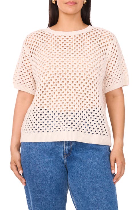 Open Stitch Short Sleeve Sweater (Plus)