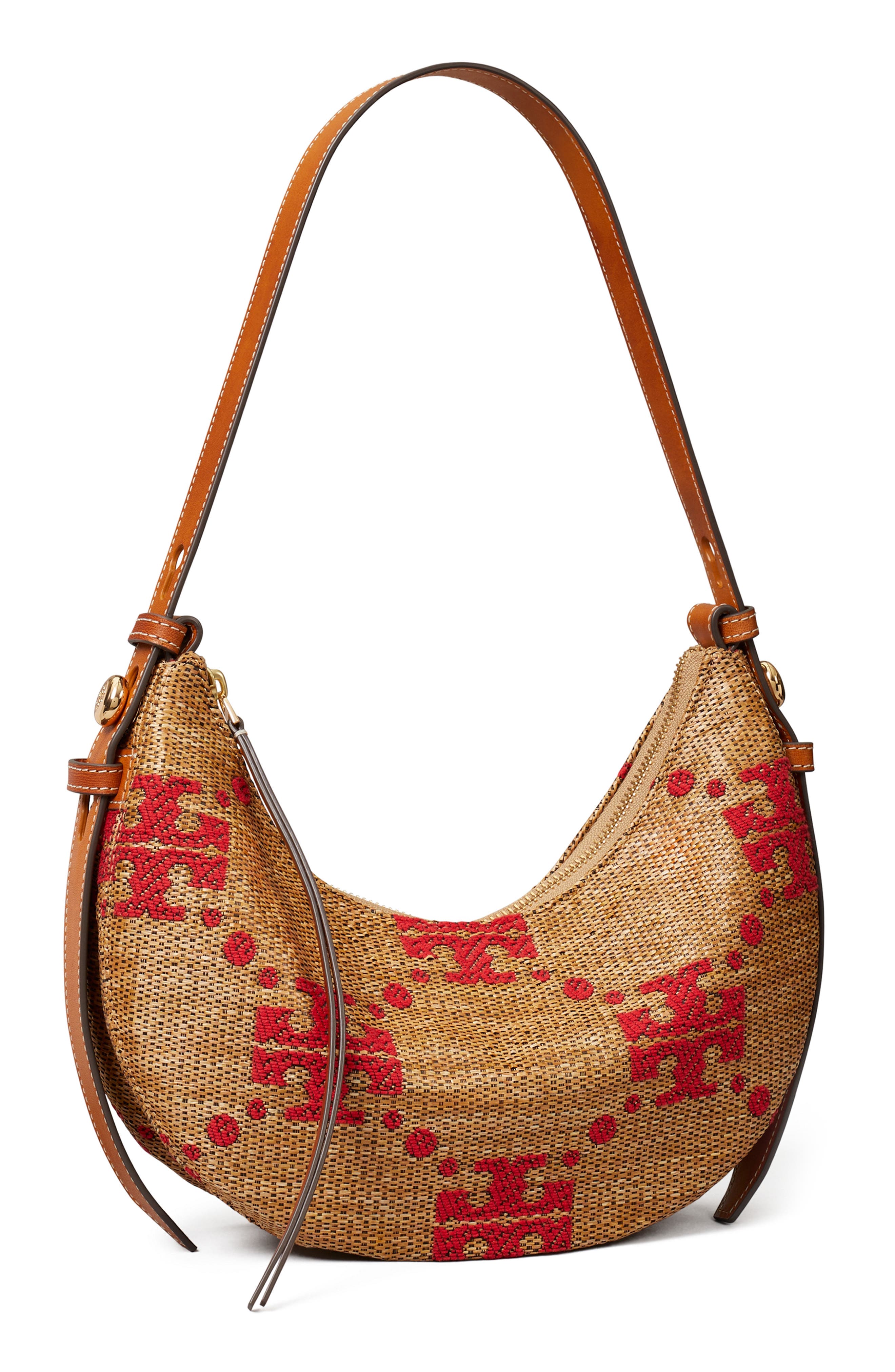 Tory Burch Romy T Monogram Straw Half Moon Shoulder Bag, Alternate, color, Natural