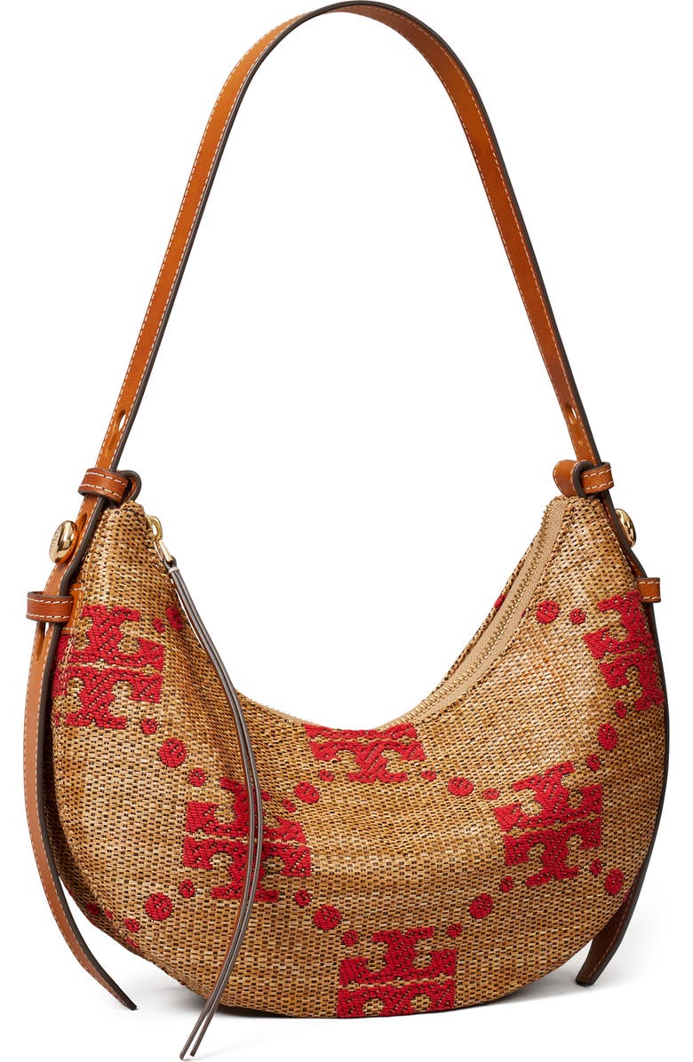 Tory Burch Romy T Monogram Straw Half Moon Shoulder Bag, Alternate, color, Natural