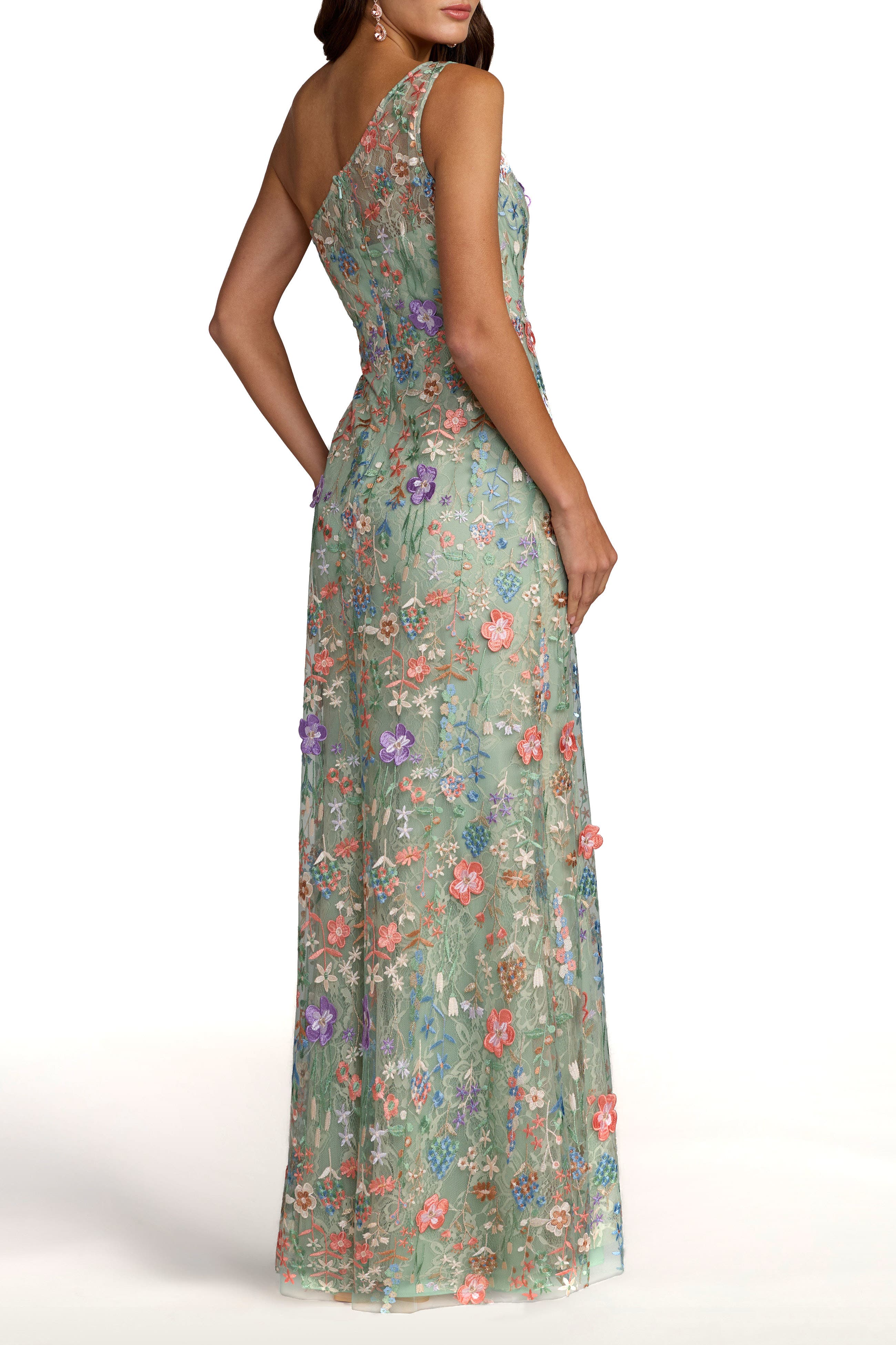 One Shoulder Lace Embroidered Gown - image 2