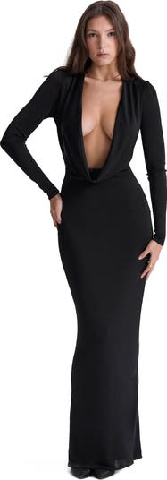 Cowl Neck Long Sleeve Stretch Jersey Maxi Dress